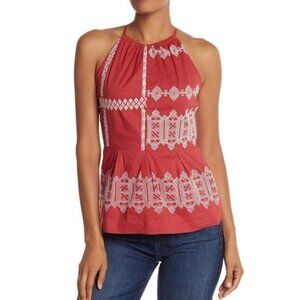 Joie Top  Embroidered Halter 12 Red Konomi Geometric Tank High Neck NEW